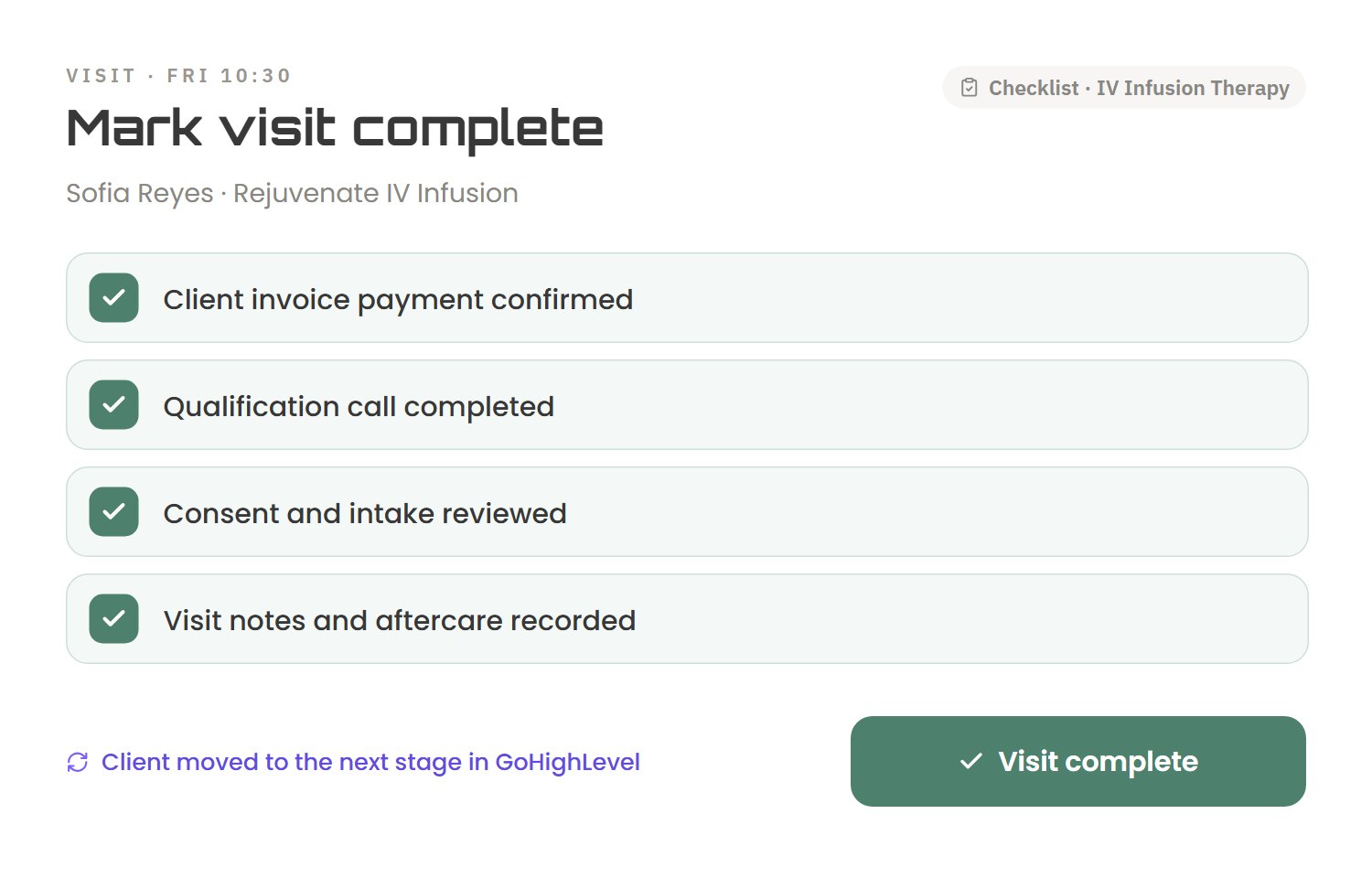 Beyond Remedy portal: visit checklist screen