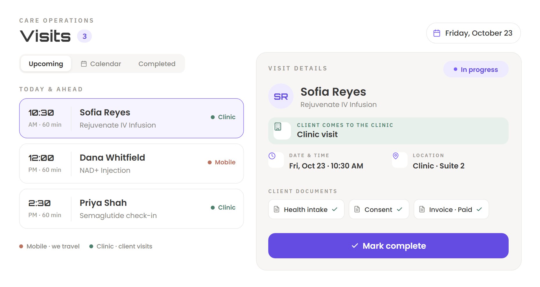 Beyond Remedy portal: visits screen